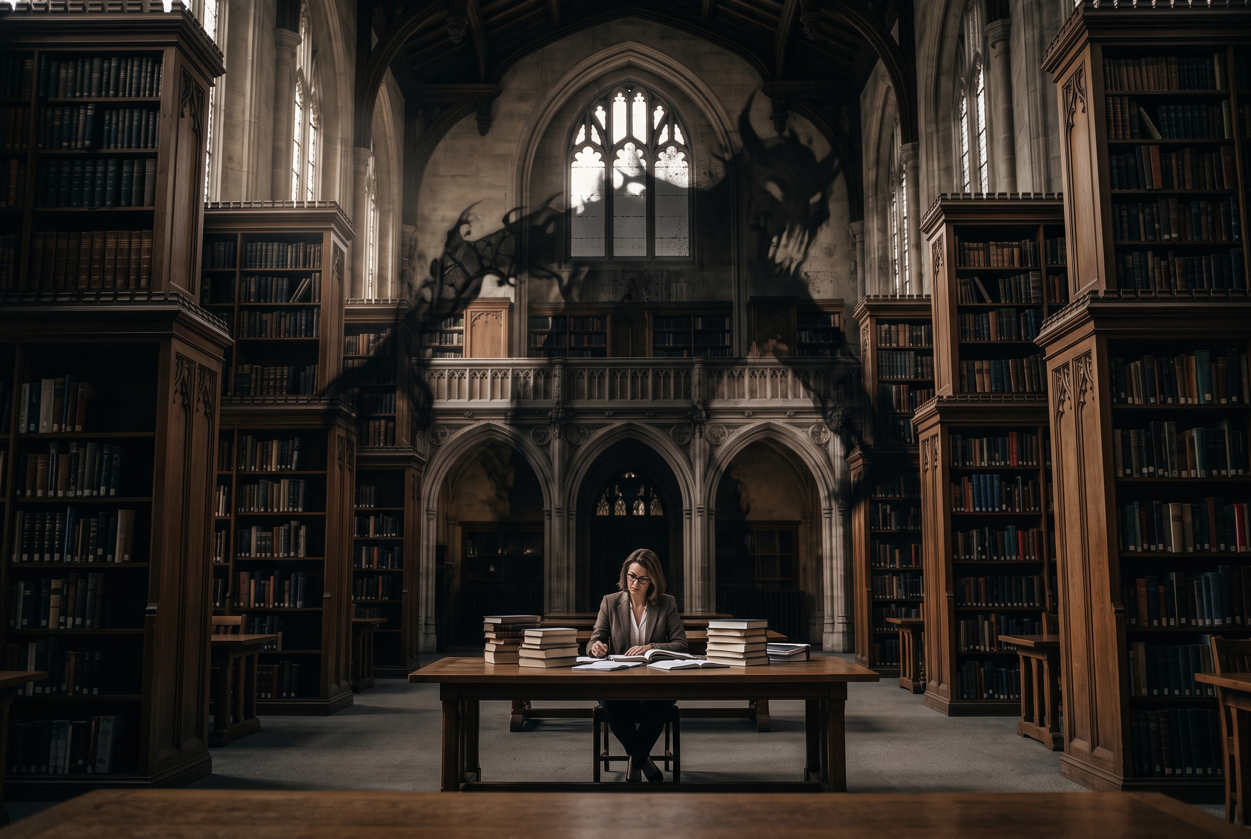 Coaching self-doubt in higher education: a scholar studies alone in a library as a shadowy monster looms